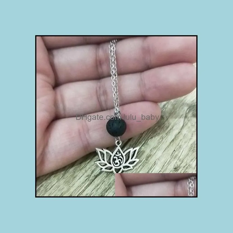lotus flower black lava stone necklace volcanic rock beads diy aromatherapy essential oil diffuser necklaces women jewelry