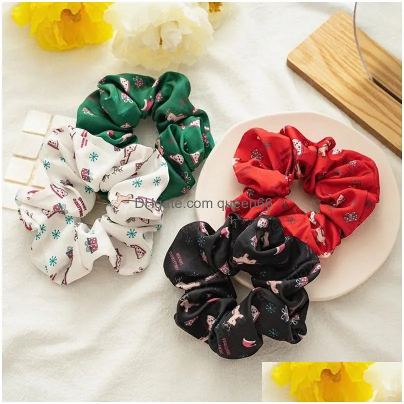 christmas scrunchie hair ring satin printted xmas hair rope elastic hairband ponytail holder hair accessories headdress