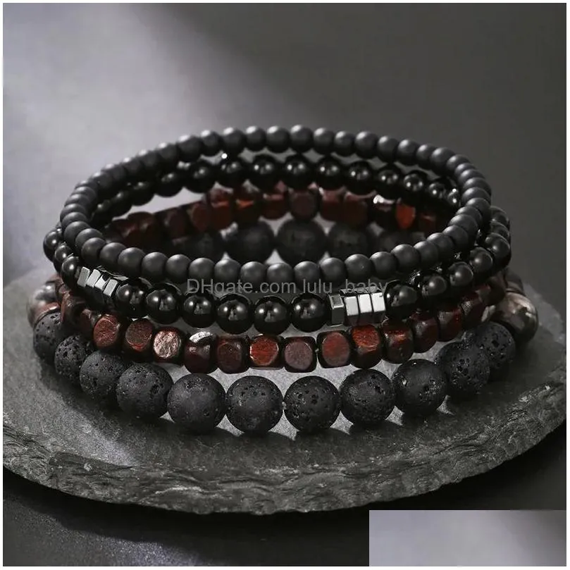 natural stone strands wooden beaded charm bracelets handmade elastic yoga jewelry sets for women men