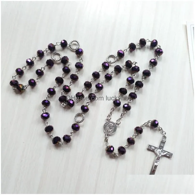religious pray jewelry long cross pendant rosary necklace purple crystal strand necklace