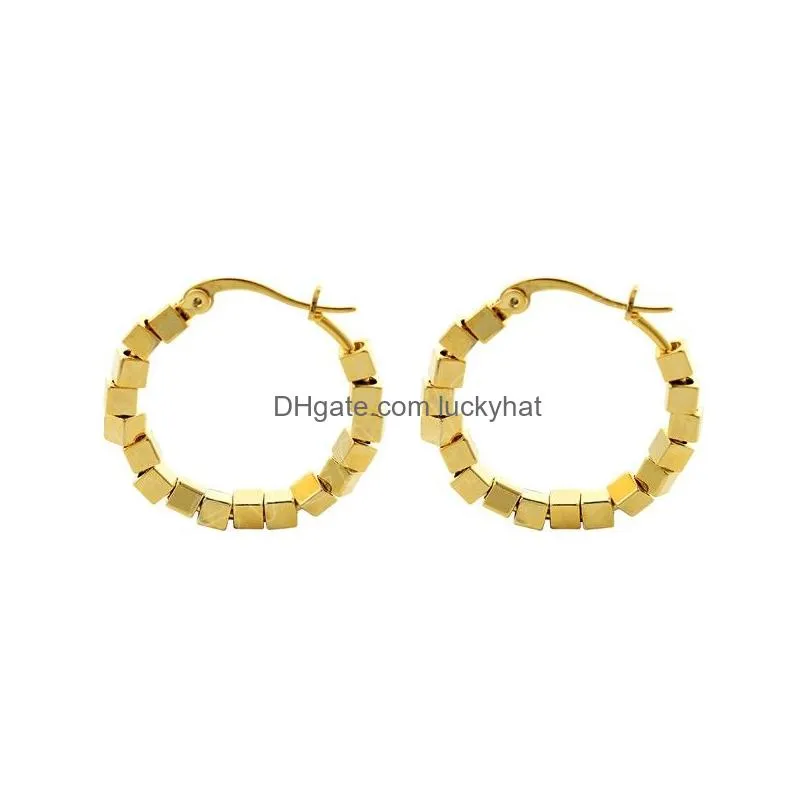 18k genuine gold plated geometric square bead huggie hoop earrings for women vintage gold color copper earrings jewelry