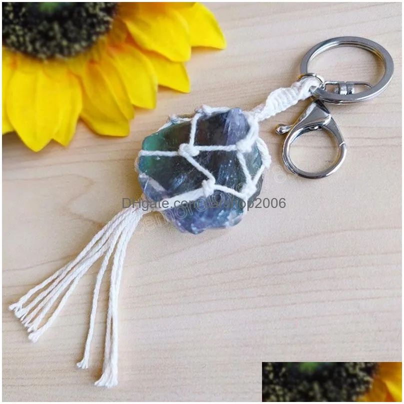 natural crystal quartz pendants healing point chakra bead gemstone keyring women men pendant original stone style jewelry key chain