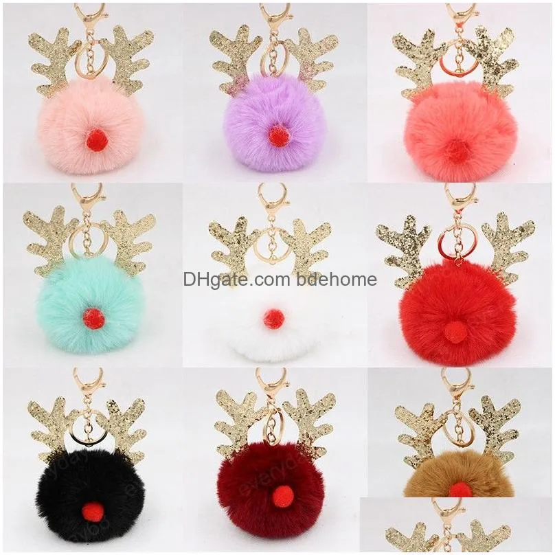 fur pom pom keychain fake rabbit hair ball keychain porte clef pompom de fourrure fluffy bag charms christmas antler keyring