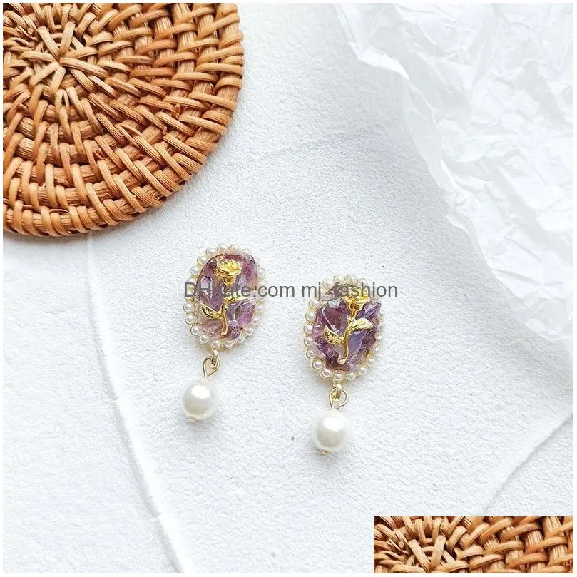 gravel rose flower earring for women elegant pearl earring jewelry summer accessories wholesale pendientes
