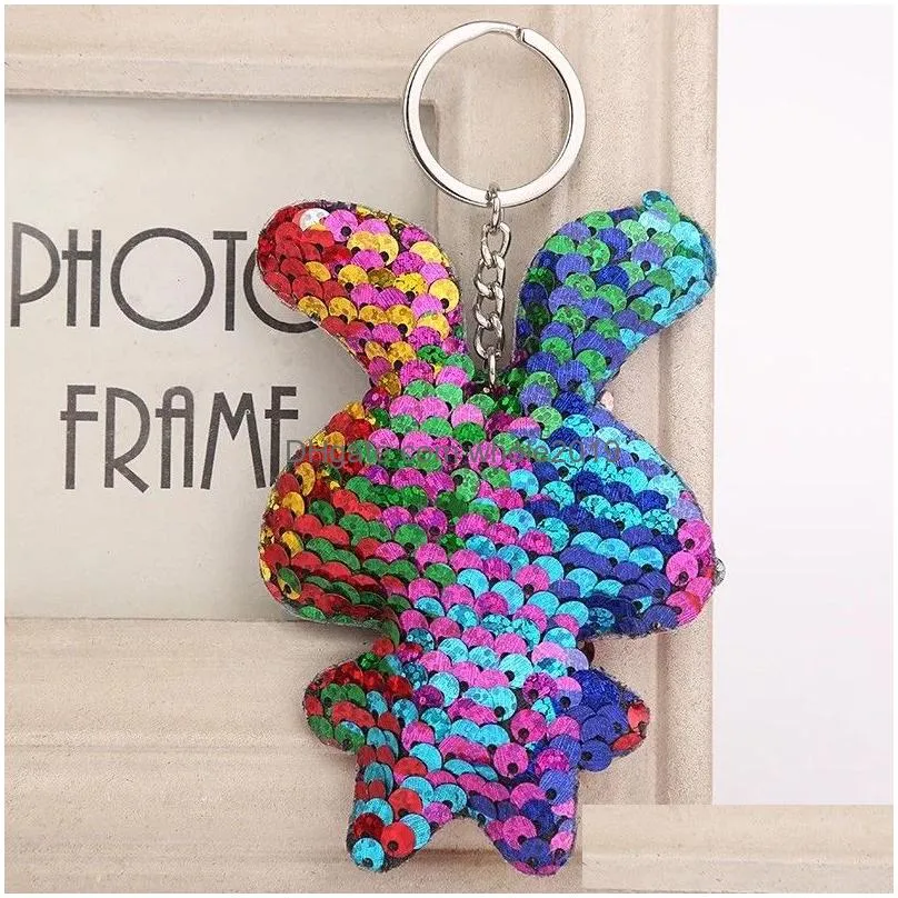 cute rabbit keychain glitter pompom sequins key chain gifts for women car bag accessories key ring