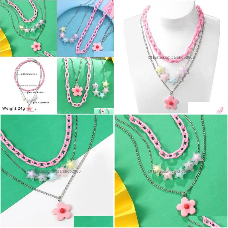 3pcs/set pendant necklace for women pink flower stars link chain statement necklaces collars party jewelry gift