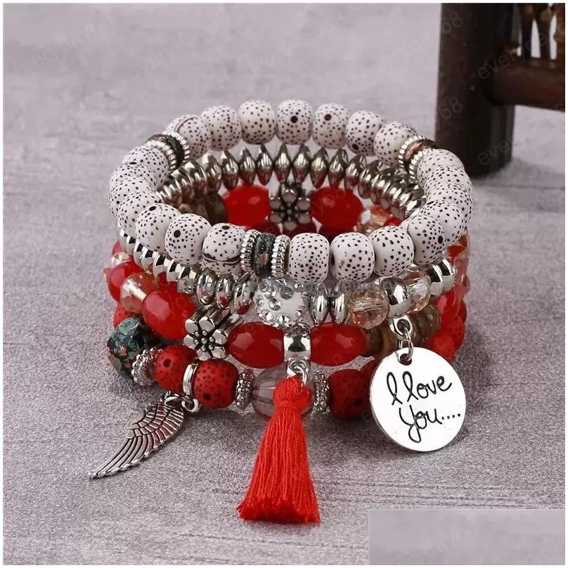 love charms bracelets fashion wing round pendant rice beads beaded bangle women lover couples gift bohemian colorful multilayer elastic handmade jewelry