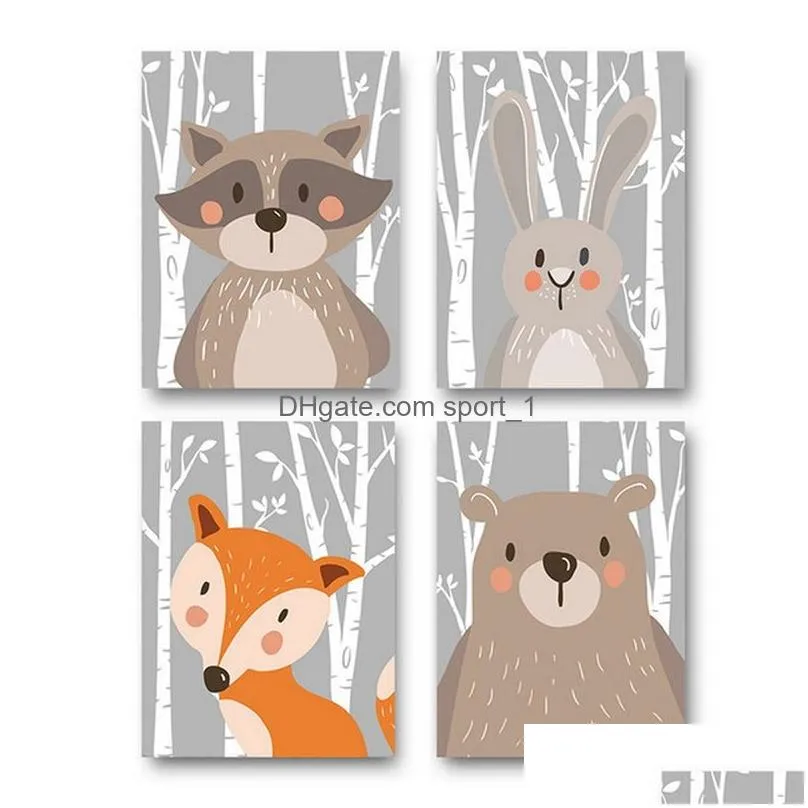 paints living room poster party decor no frame cartoon animal paintings children room cute bear fox rabbit raccoon decoration dh1376