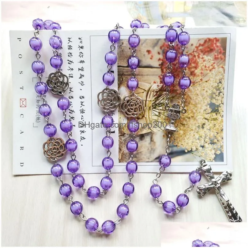 purple acrylic vintage rosary necklace long cross pendant necklace religious pray jewelry gifts