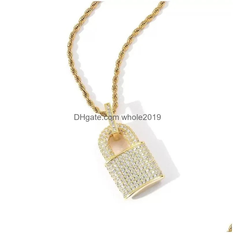 bling diamond cubic zircon lock necklace hip hop jewelry set 18k gold padlock pendant necklaces stainless steel chain fashion for women