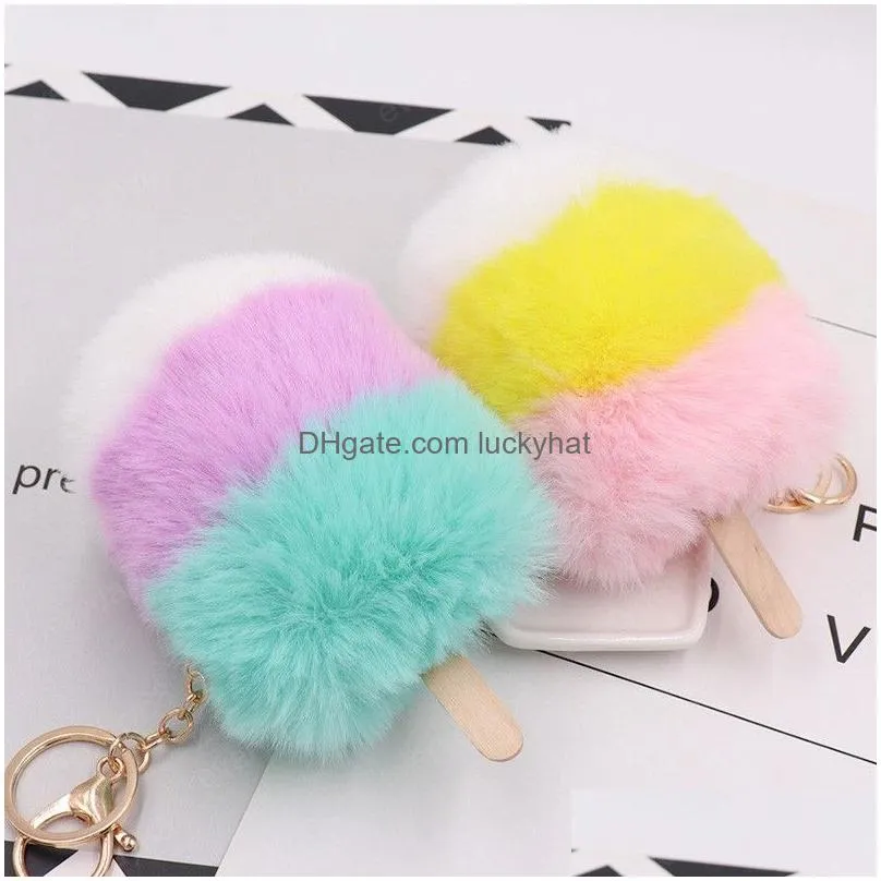 cute ice cream hair ball keychain bag pendants faux fur pompom key chains for women key ring fashion plush pom poms