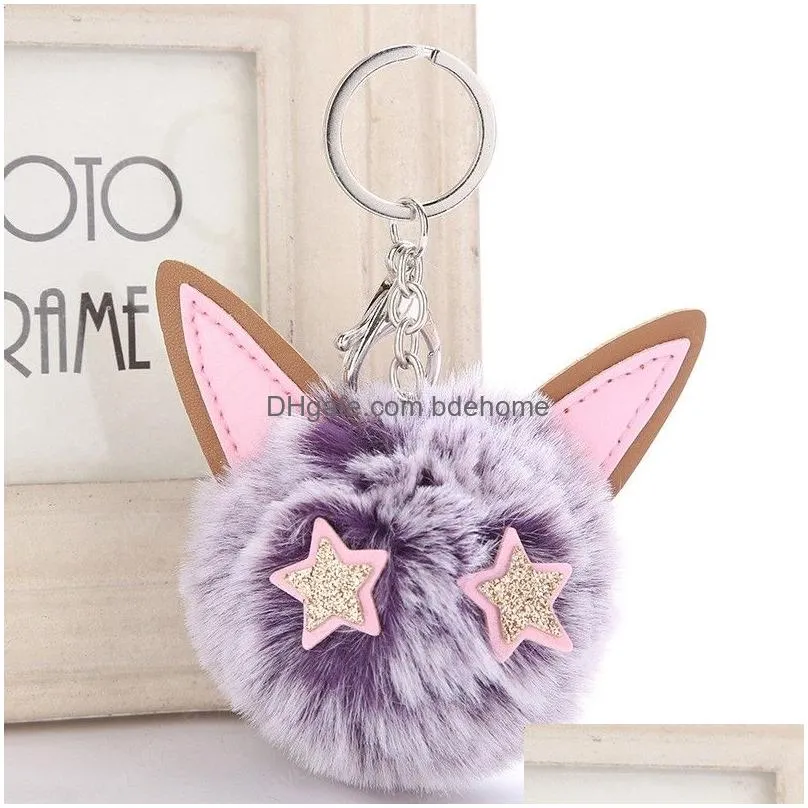 fur pompom key chain fake rabbit fur ball keychains porte clef pom pom fluffy bag charms cat ear pendants keychain keyring