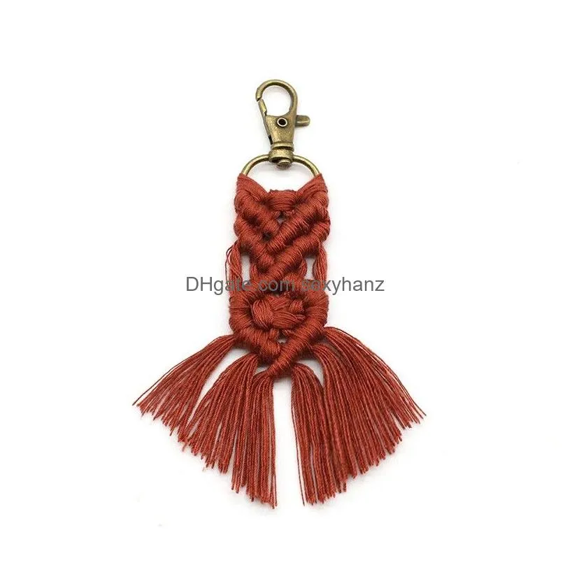 vintage solid color braided keychains fashion bohemia woven cotton rope key chains hanging pendant supplies keyrings accessories