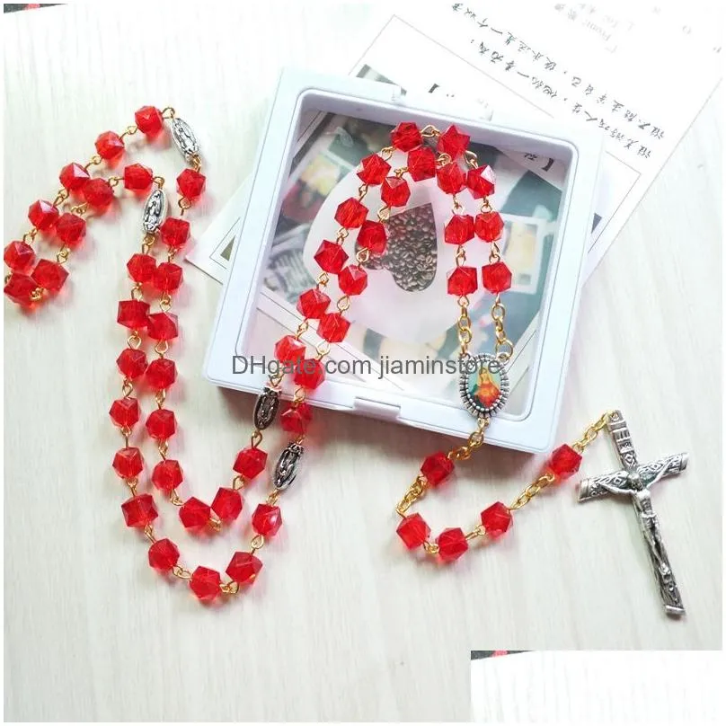 red acrylic beads strand necklace vintage cross rosary necklace for men women religious jewelry gifts