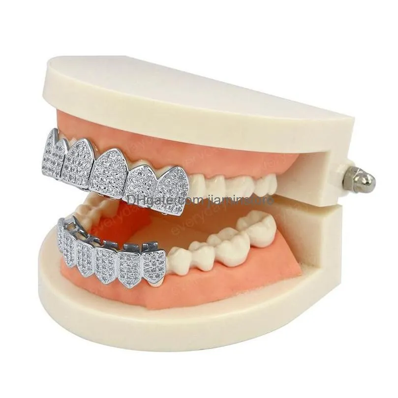 hip hop iced out cz gold teeth grillz caps top bottom diamond teeth grillzs set men women grills