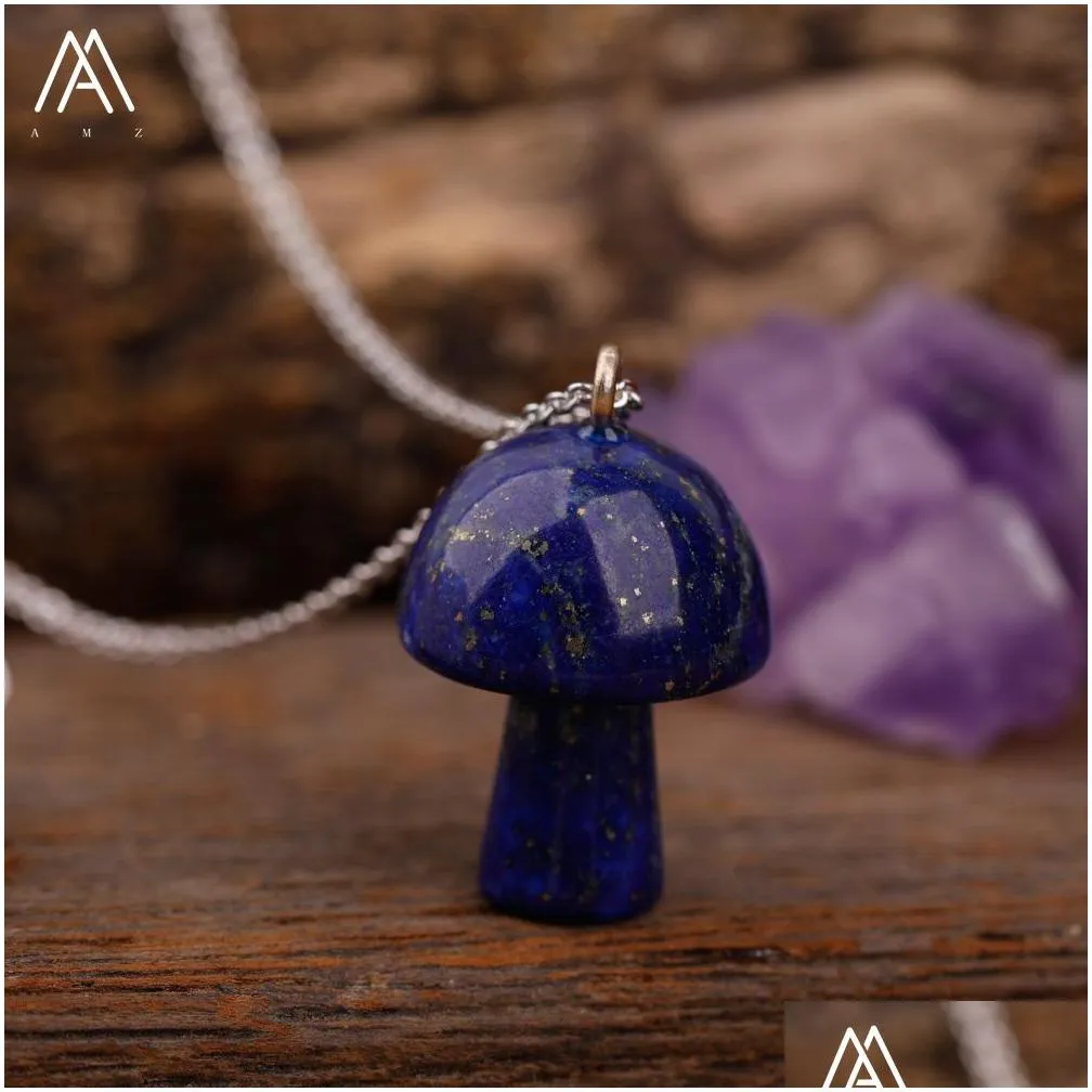 carved gemstones mushroom pendant charms stainlesssteel chain women healing crystals figurine pendant necklace jewelry