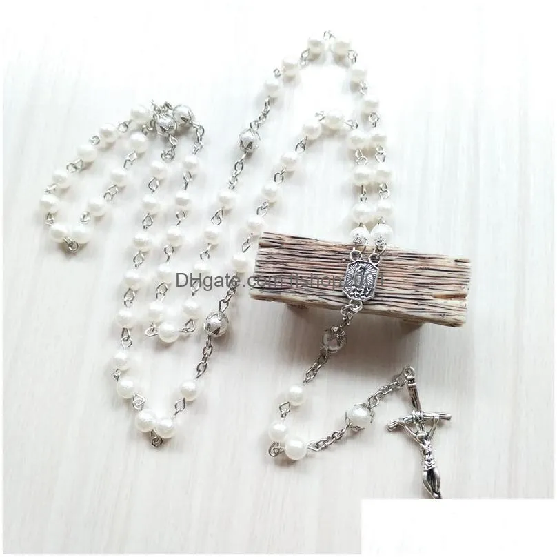 vintage jesus cross rosary necklace white acrylic long religious necklace pray jewelry