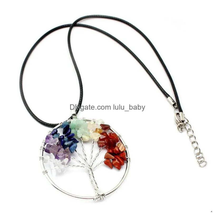 natural crushed stone handmade necklace crystal quartz tree of life pendant necklace 7 chakras gemstone charms mothers day gifts