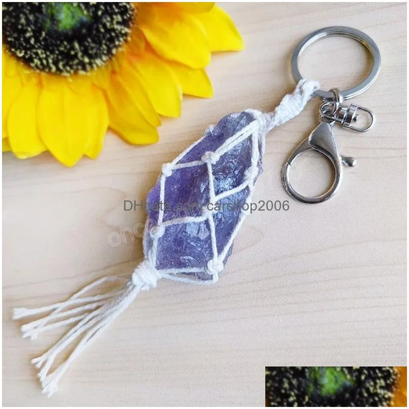 natural crystal quartz pendants healing point chakra bead gemstone keyring women men pendant original stone style jewelry key chain