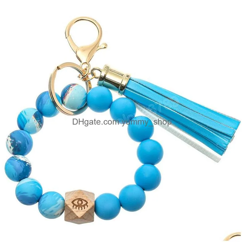 colorful silicone beaded bracelet keychain ladies girls tassel keyring jewelry accessories