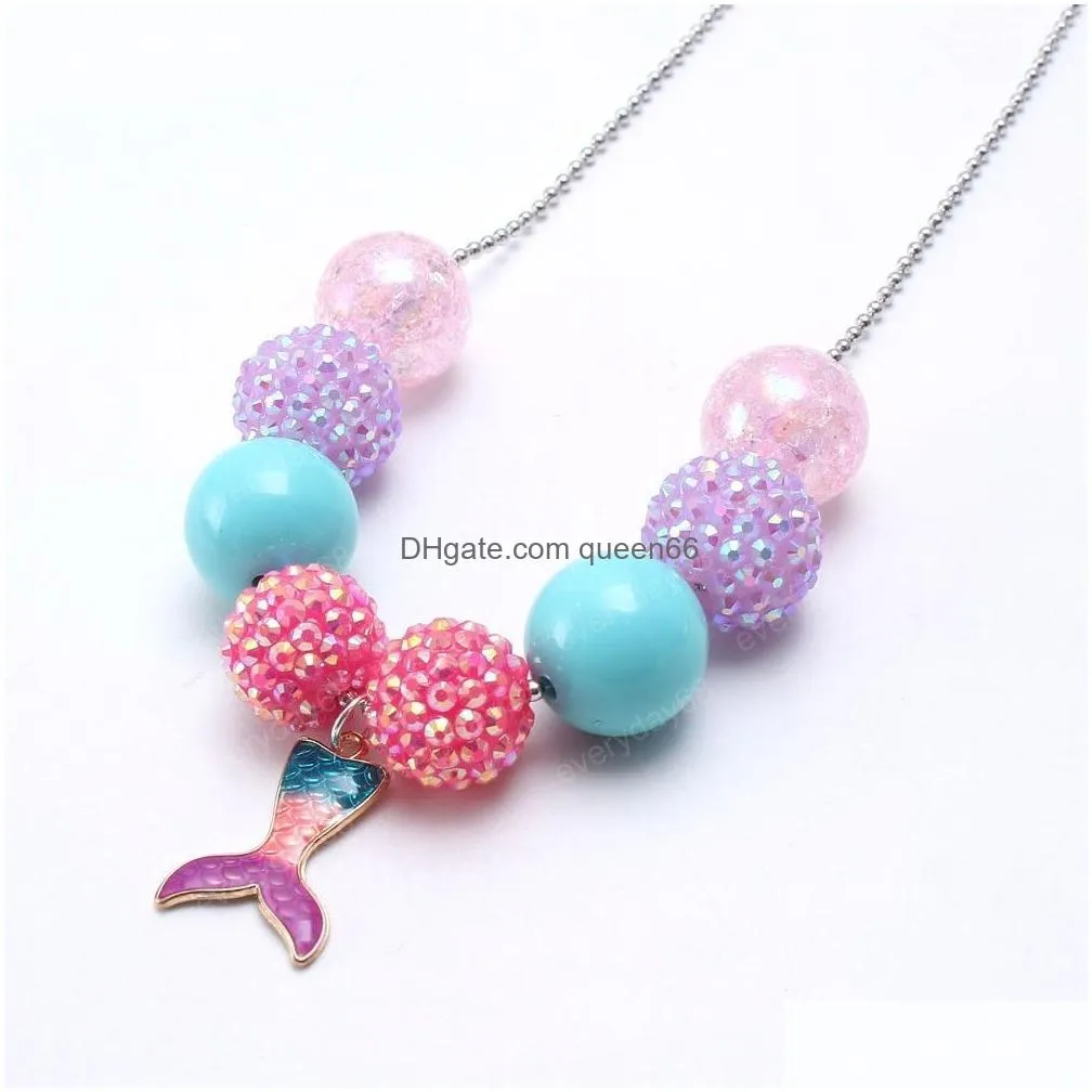 cute kids girl chunky beads necklace with mermaid tail pendants fashion long chain necklace chunky jewelry