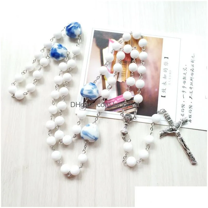 white ceramic beads cross long rosary necklace religious pendant necklace pray jewelry