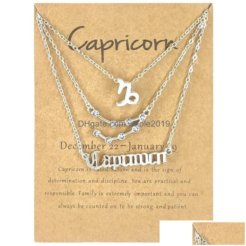 zodiac signs symbol letter pendant necklace set for women 12 constellations three layer clavicle chain choker necklaces with card