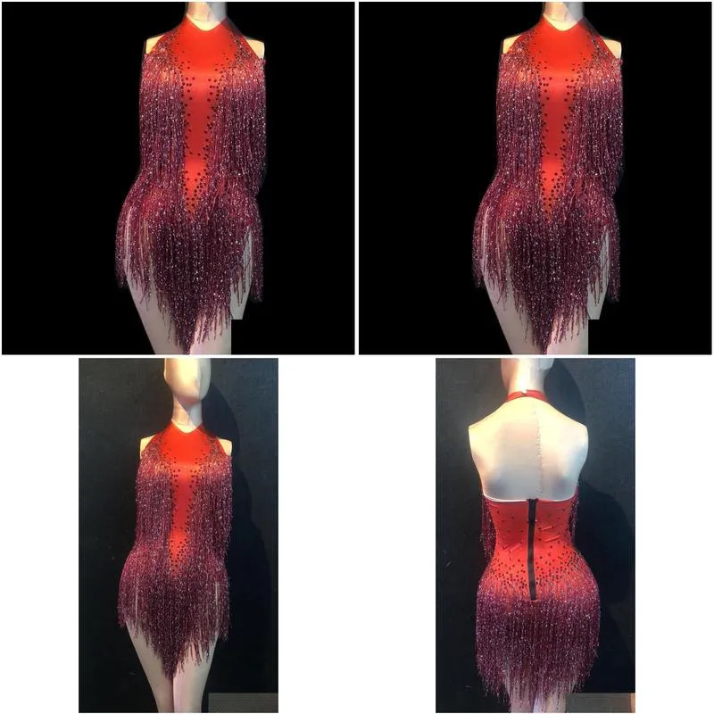 stage wear women fashion wine red sequins tassels slim costumes female rhinestone sleeveless bodycon leotard womens dancing