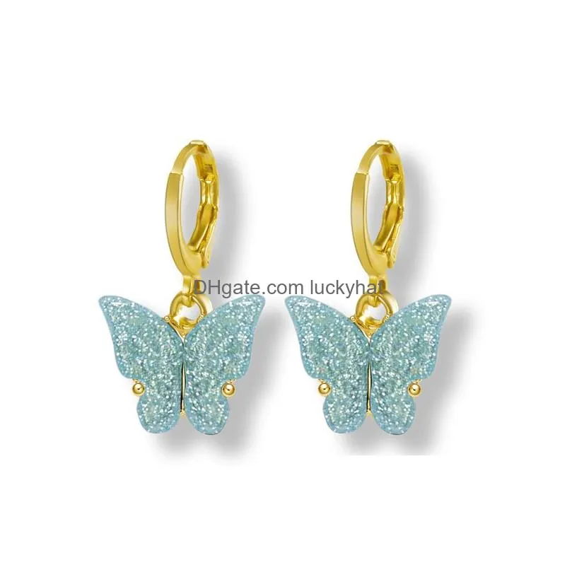 colorful shining glitter acrylic butterfly pendant drop earring with micro paved animal sweet earring for women fashion jewelry