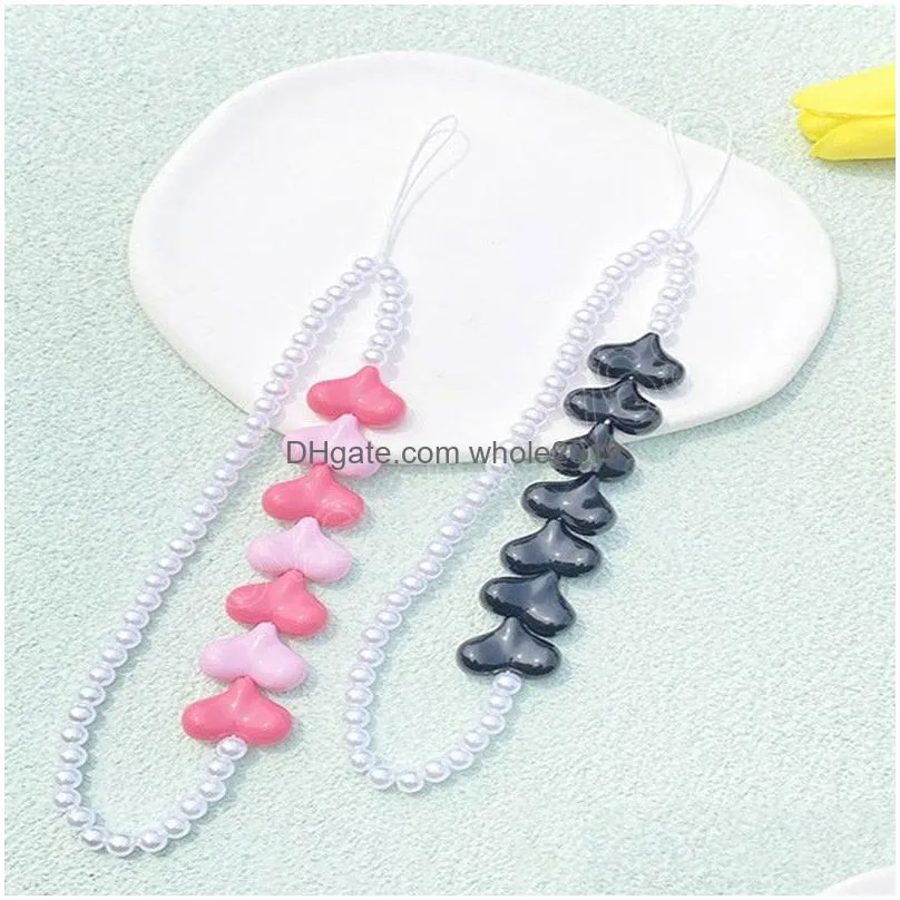 fashion cute resin heart phone chain imitation pearl beaded antilost lanyard wrist strap for women mobile phone lanyard jewelry gifts
