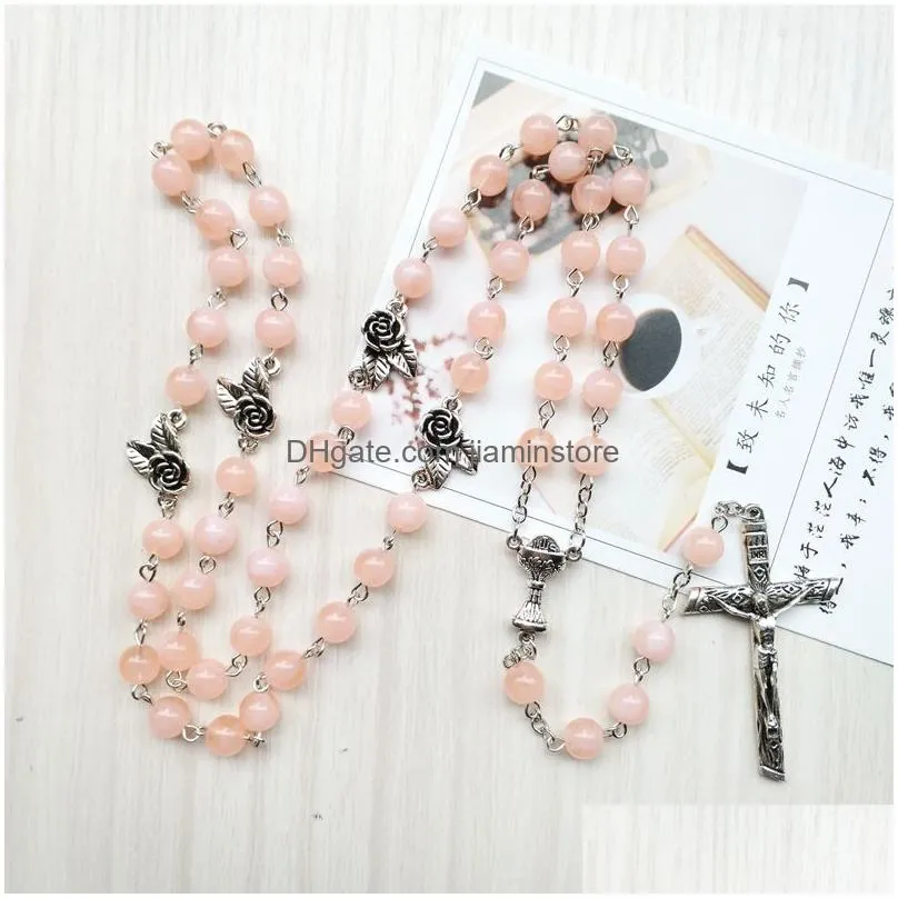 catholic cross rosary necklace vintage flower pink acrylic beads strand long necklace for men women
