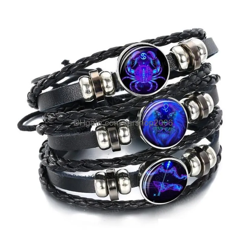 glowing in the dark 12 constellation leather wrap bracelet punk zodiac braided bracelet for women