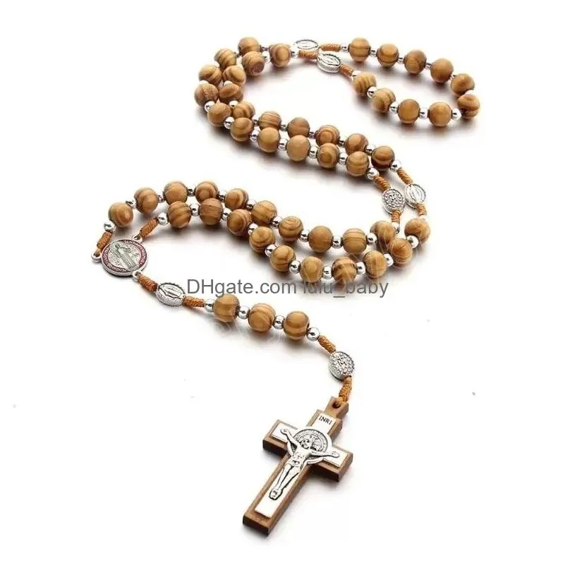 natural pine cross pendant necklace catholic rosary christian religious jesus necklace handwoven jewelry