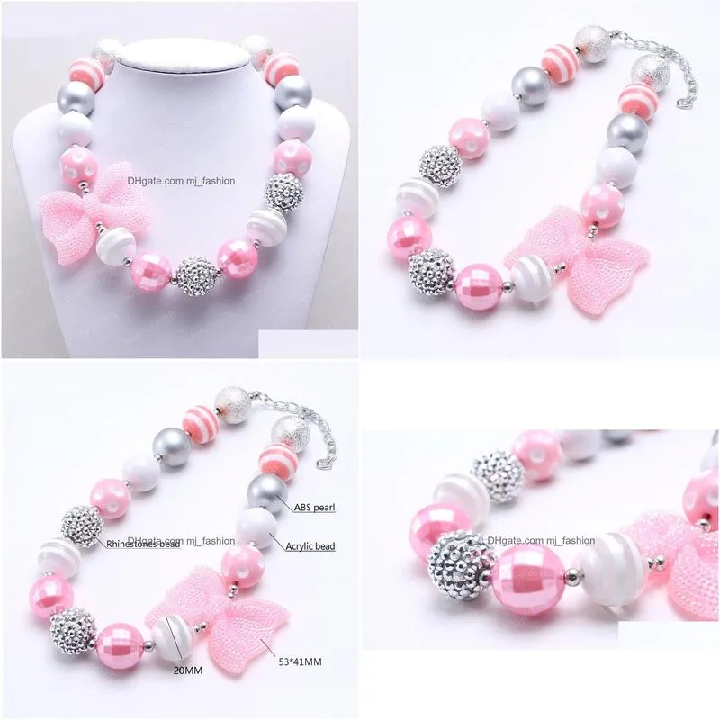 new baby girls chunky bead necklace with pink bow cute child kids bubblegum chunky necklace handmade jewelry for gift
