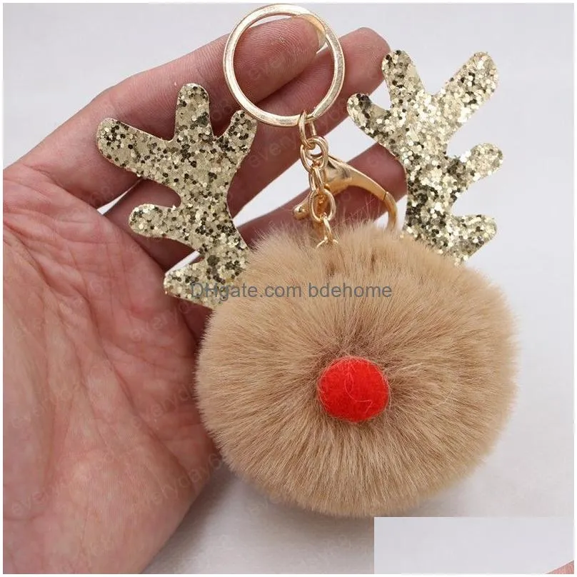 fur pom pom keychain fake rabbit hair ball keychain porte clef pompom de fourrure fluffy bag charms christmas antler keyring