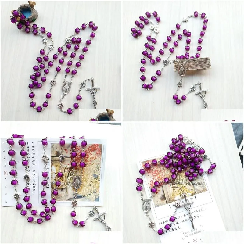 vintage jesus cross rosary necklace purple acrylic long necklace for women religious jewelry