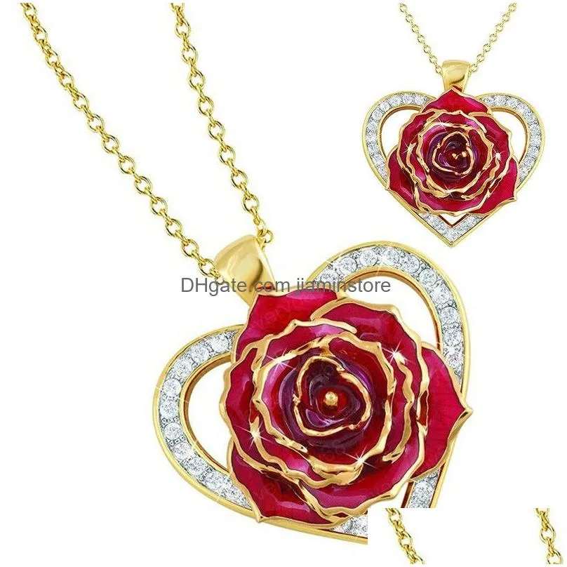 rose flower pendant necklace for women ladies luxurious rhinestone hollow heart gold color necklace party jewelry gift