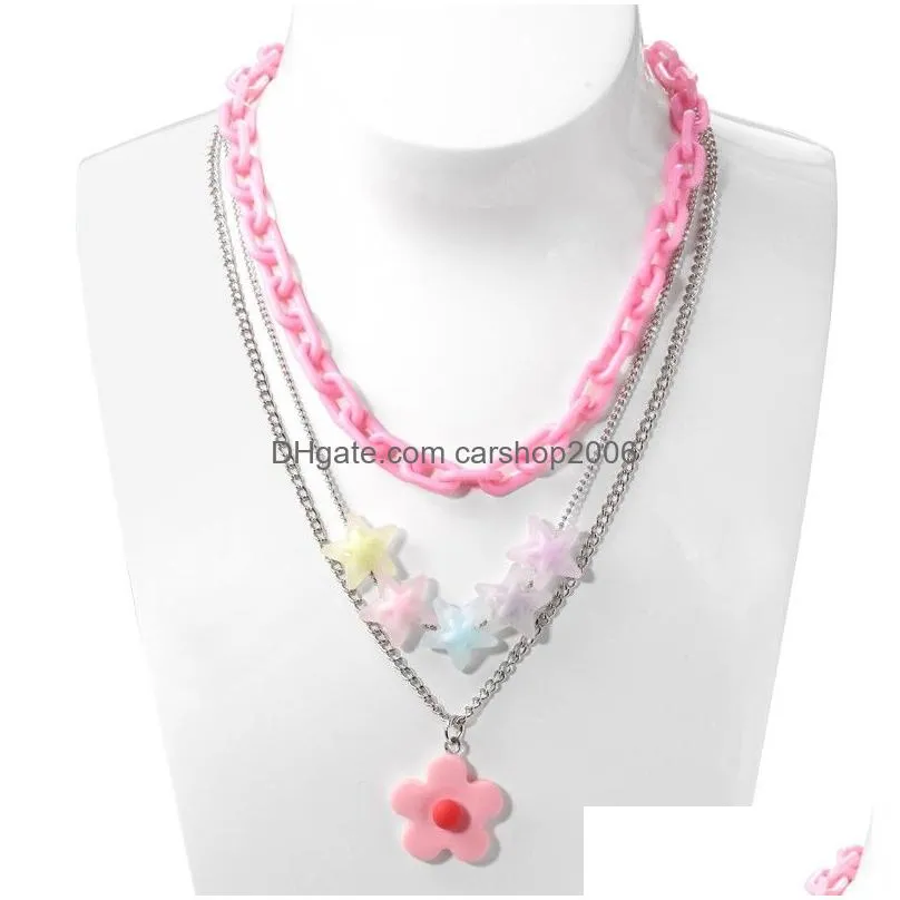 3pcs/set pendant necklace for women pink flower stars link chain statement necklaces collars party jewelry gift
