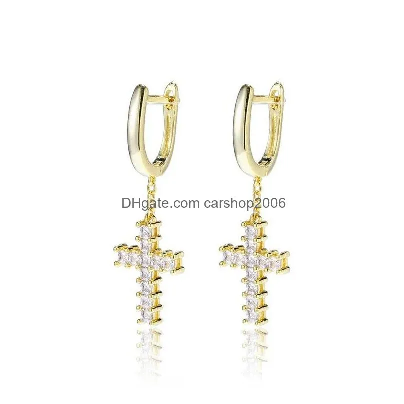 mens women hip hop dangle earrings jewelry high quality fashion round gold silver diamond cross earrings for men