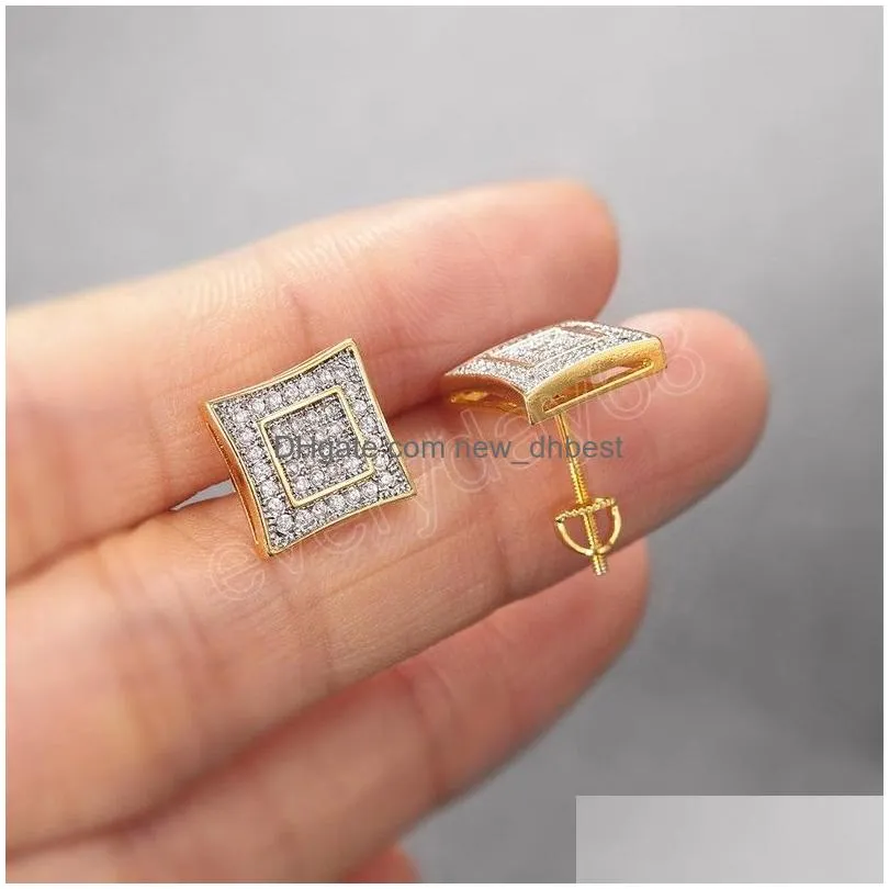 men women fashion yellow white gold plated bling cz square screwbacks studs earrings jewelry nice gift for friends