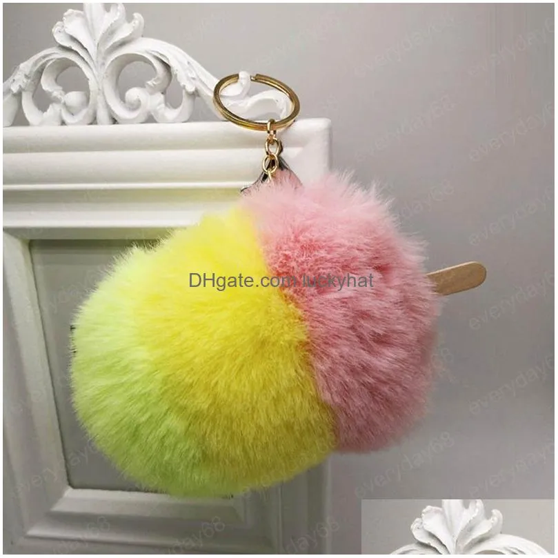 cute ice cream hair ball keychain bag pendants faux fur pompom key chains for women key ring fashion plush pom poms