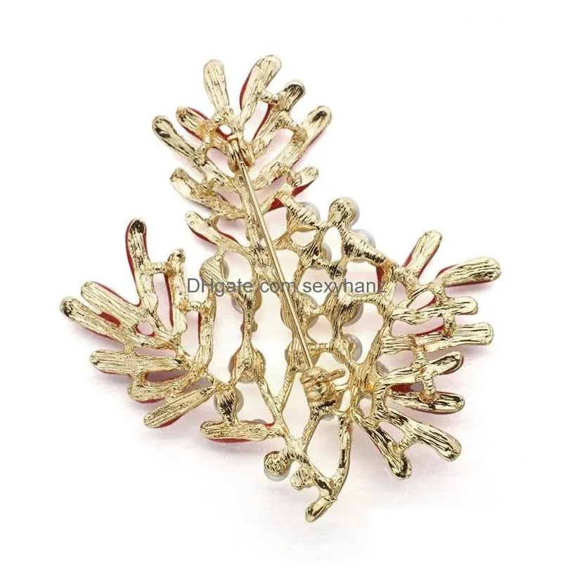exquisite red glaze maple coral imitation pearl clothes accessories jewelry brooches for women chic wedding gift