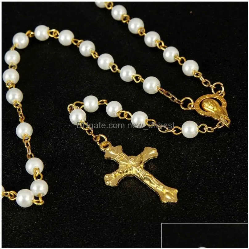 religious jewelry 8mm jesus christ white pearl catholic cross rosary necklace