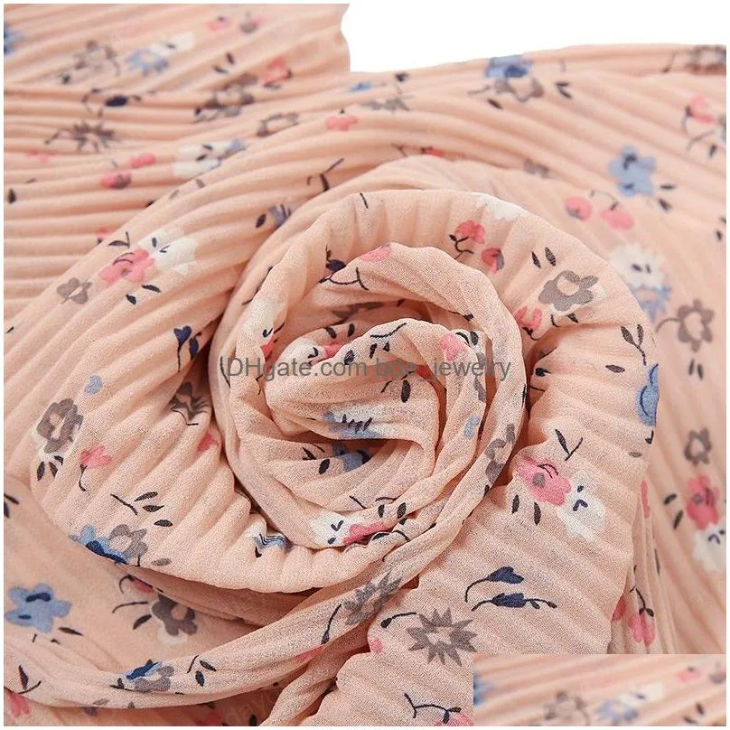 pleated floral chiffon scarf shawls big size crinkle flower hijabs fashion muslim head wraps muffler