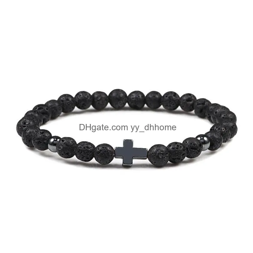 6mm black lava rock stone onyx beads bracelets classic cross stretch tiger eye bracelet religion bangle women men wrist jewelry