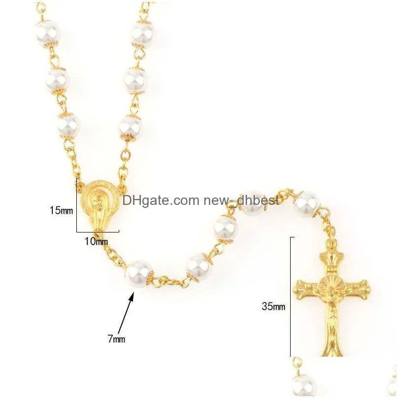 religious jewelry 8mm jesus christ white pearl catholic cross rosary necklace