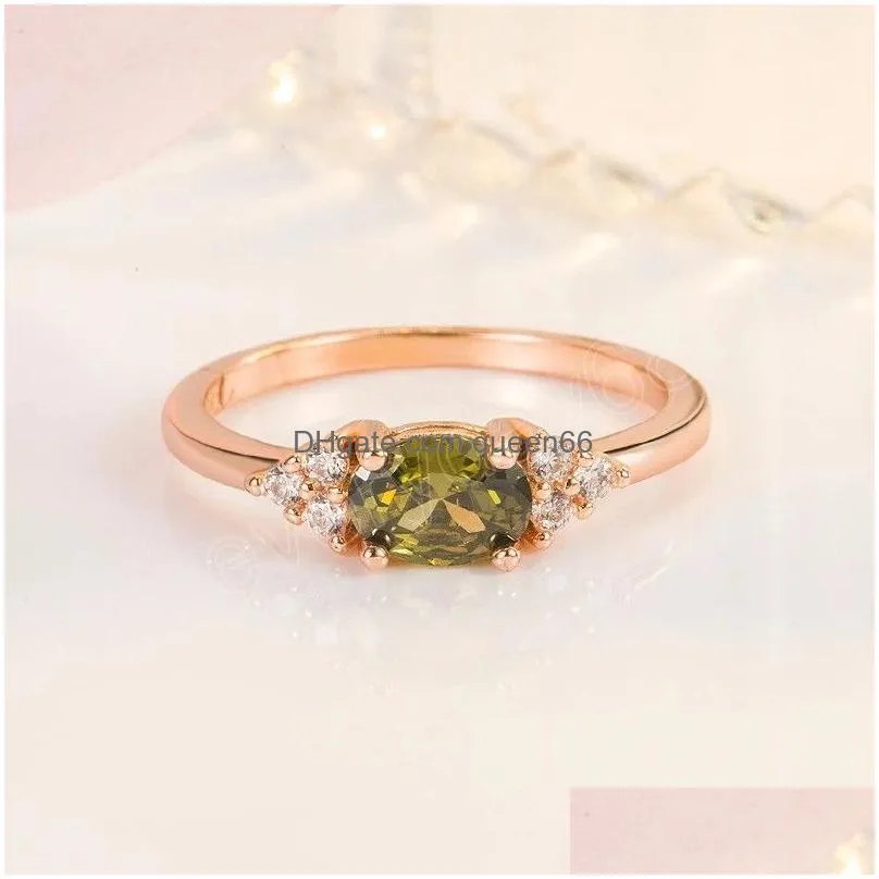 fashion rosegold color classical imitation peridot rings for women elegant oval zircon engagement ring simple jewelry gifts