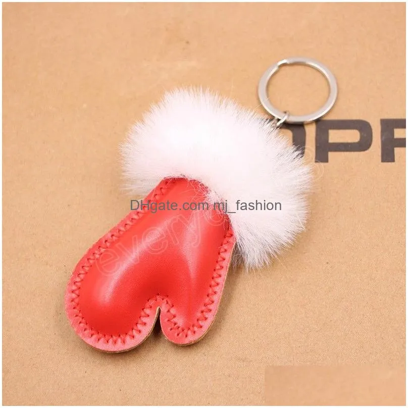 winter pu plush gloves pendant keychain for women bag hanging ornament leather gloves key ring car key holder charm jewelry gift