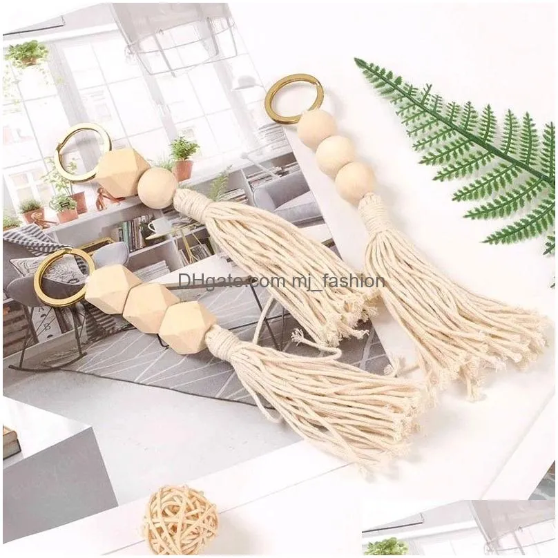 cotton thread wrapped wood bead tassel keychain for women boho key ring macrame bag accessories hanging jewelry christmas gifts