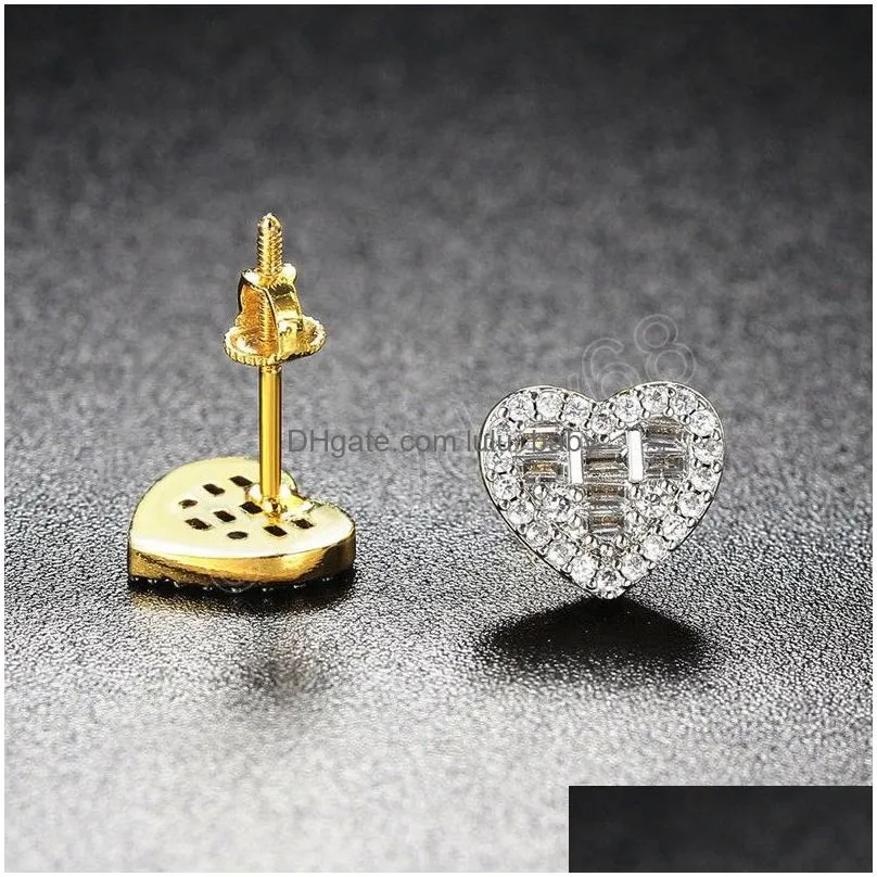 men women fashion yellow white gold plated bling cz heart studs earrings jewelry nice gift for friends